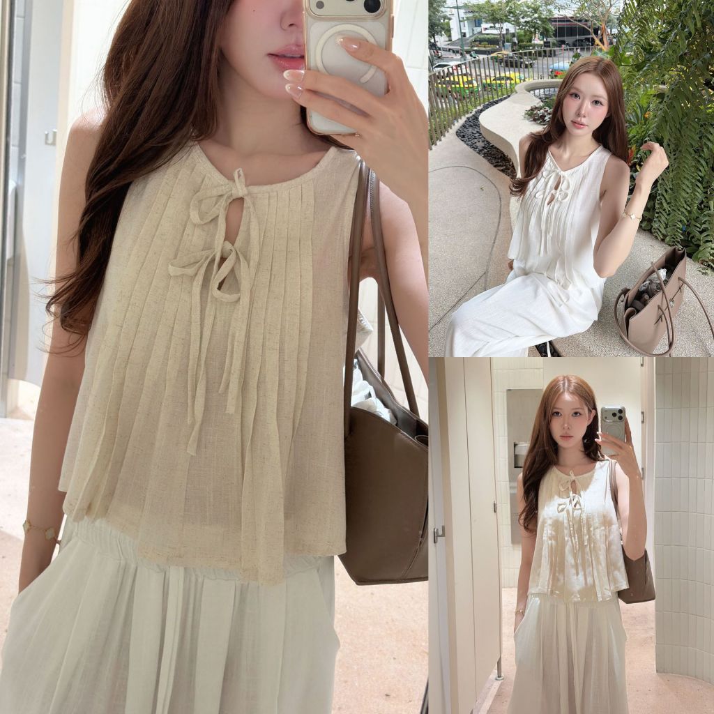ส่งทันที 💨 SLYQ CHELSEA BOW PLEATED LINEN TOP เสื้อแขนกุดผ้าลินินจับจีบพลีตคอ