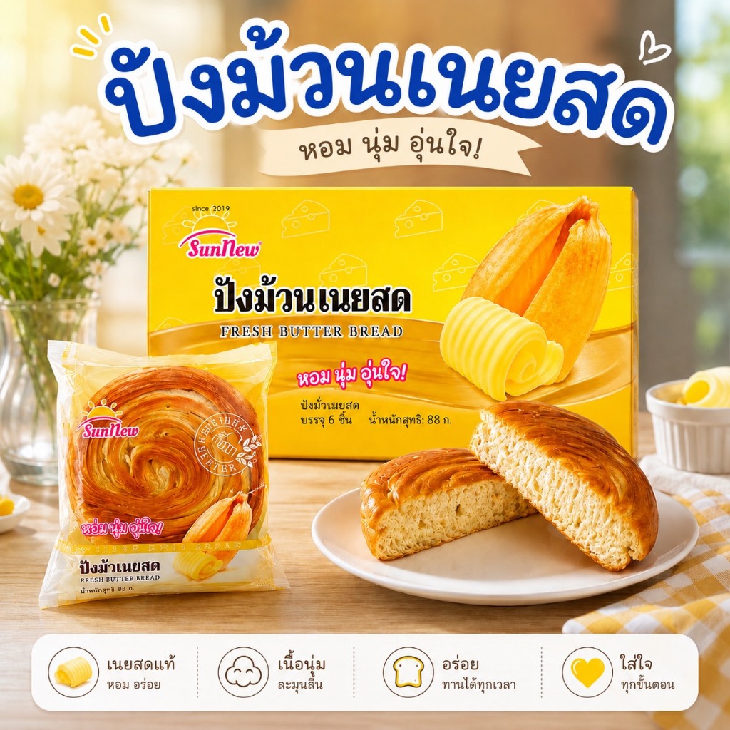 ปังม้วนเนยสด ตรา SunNew เนยแท้ สดจากเตา ส่งตรงจากโรงงาน (1 ลัง 32 ชิ้น)