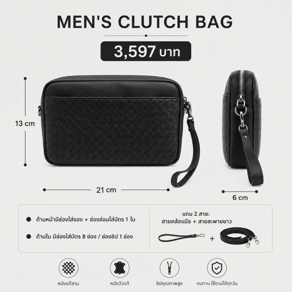 02-356 กระเป๋าคลัชสำหรับคุณผู้ชาย Men’s clutch bag หนังแท้ สานมือทั้งใบ แบรนด์ klaas ของแท้