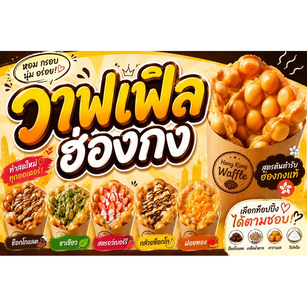 ป้ายไวนิล “วาฟเฟิลฮ่องกง”ขนาด 120*60เซนติเมตร (ขนาดอื่นแจ้งได้นะคะ)