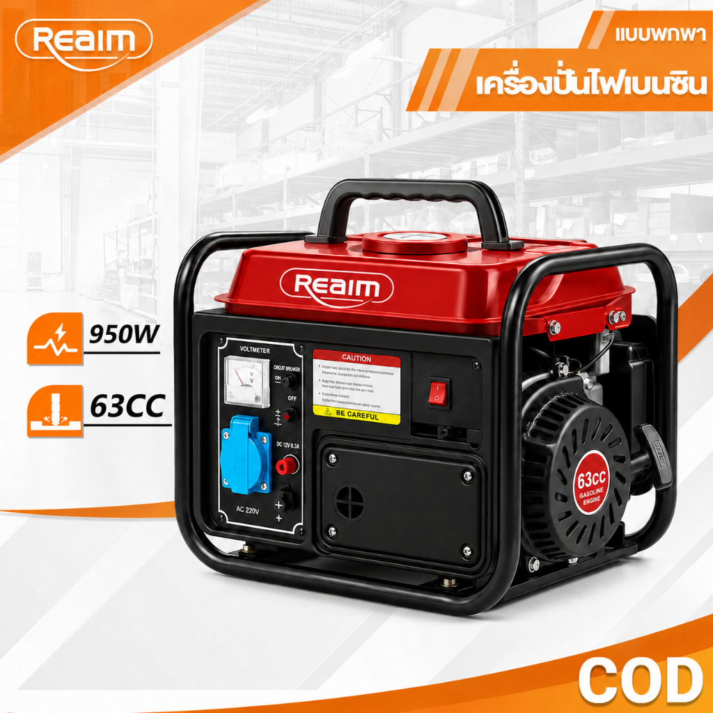 REAIM เครื่องปั่นไฟเบนซิน 950W เครื่องปั่นไฟพกพา 2 จังหวะ มือดึงสตาร์ท สำหรับใช้งานกลางแจ้ง