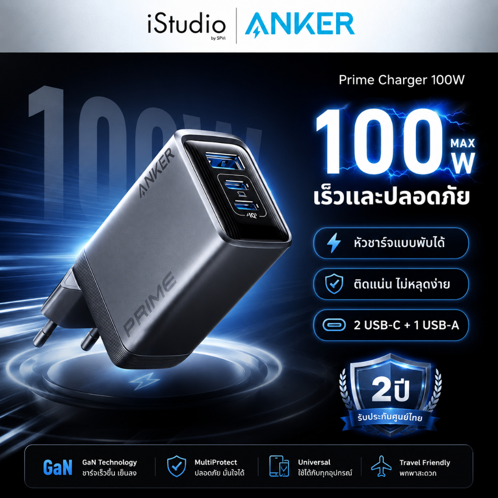 Anker Prime Charger (100W, 3 Ports, GaN) หัวชาร์จเร็ว PD Fast Charger