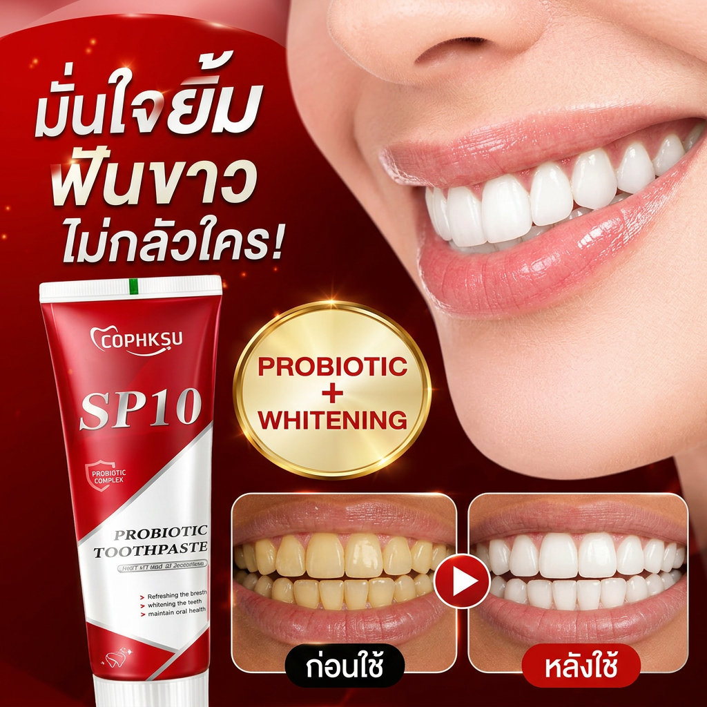 ยาสีฟันโปรไบโอติก SP-10 ฟอกฟันขาวทันที ลดคราบเหลืองจากชา/กาแฟ / ปราศจาก SLS ลดกลิ่นปาก