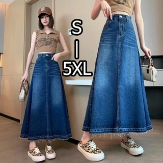 Plus Size~กระโปรงยาว MIDI กระโปรงเอทรง A สูงเอวเดนิม กระโปรงยาวลำลองทรงหลวมแฟชั่นสีน้ำเงินเข้ม กระโปรงสำนักงาน HOT