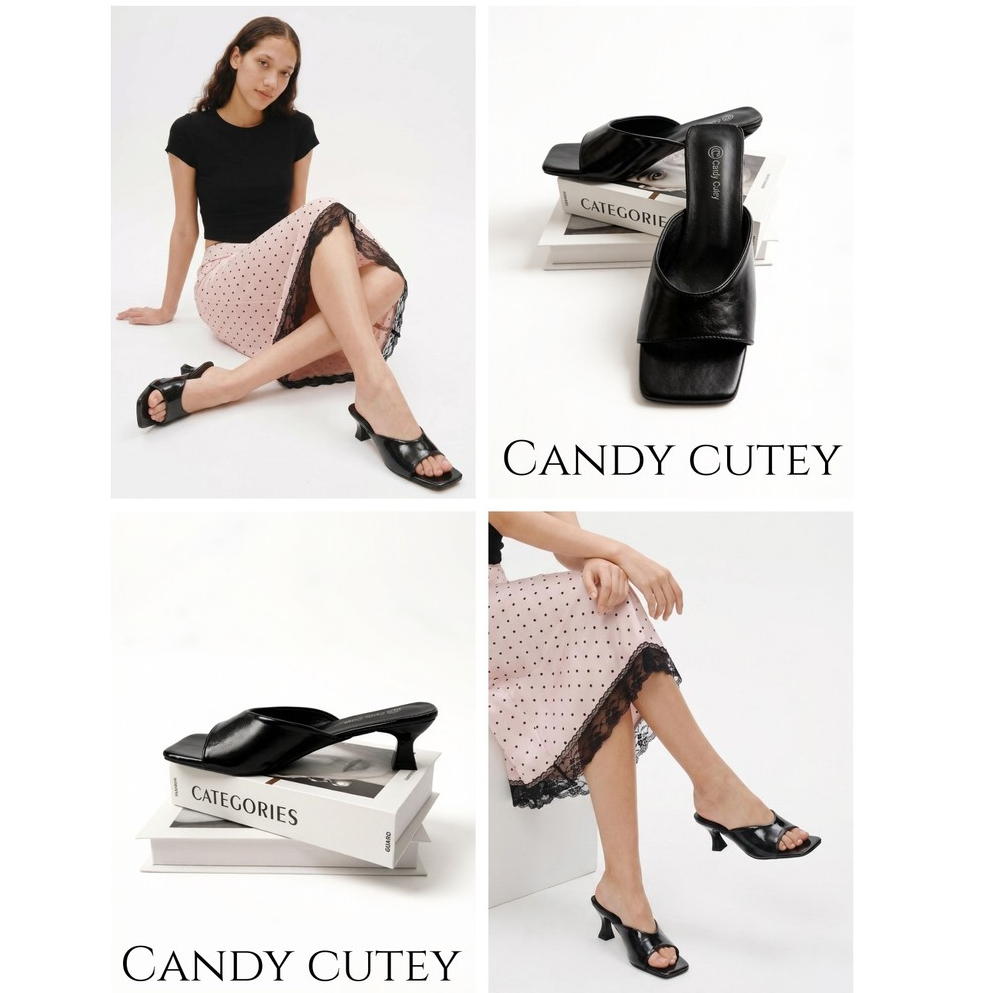 Candy Cutey รองเท้าแตะส้นสูงผู้หญิง สีขาว หัวสี่เหลี่ยม ส้นครึ่ง แบบสวมใส่ สไตล์เกาหลี ใส่สบาย สำหรับทำงาน