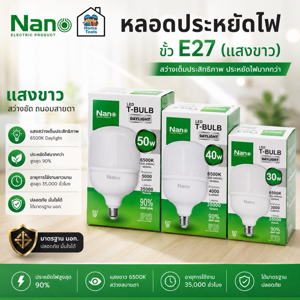 หลอดประหยัดไฟ LED ขั้ว E27 30 วัตต์ (แสงขาว)Nanoหลอดไฟ