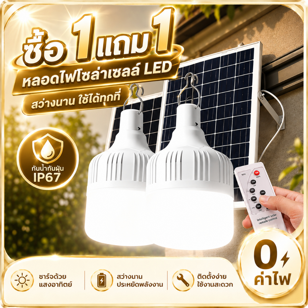 ไฟโซล่าเซลล์🔥ซื้อ1แถม1 🔥หลอดไฟโซล่าเซลล์ หลอด LED 500000W 3สี กันน้ำIP67 โคมไฟกลางแจ้ง🔥ฟาร์ม คอกวัว คอกไก่ ไล่แมล