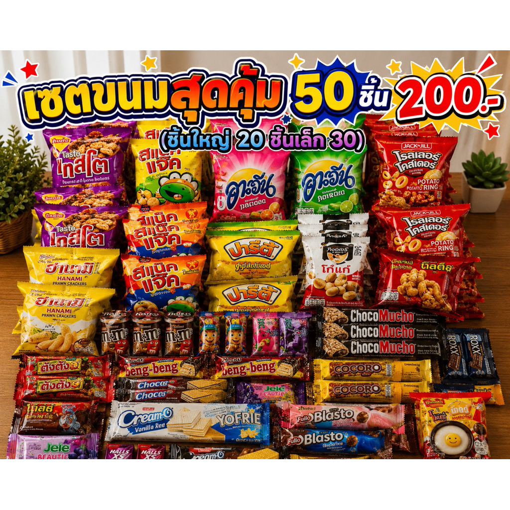 เซตขนม สุ่มขนม60ชิ้น (ใหญ่5บาท20ชิ้น)+(เล็ก1-3บาท40ชิ้น) สุดคุ้มมม