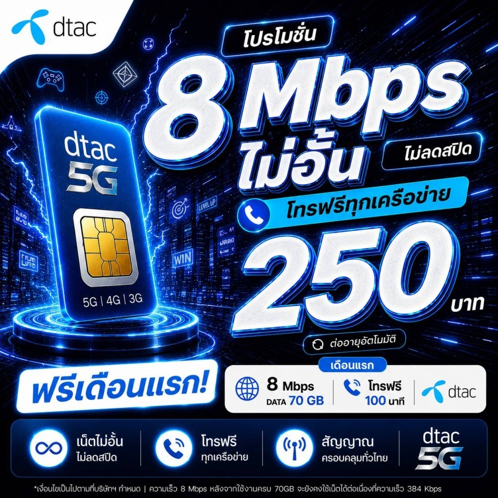 ซิมเทพดีแทค8Mbps เล่นเน็ตได้ไม่จำกัดเดือน2  +โทร เน็ตไม่ลดสปีด โปรเน็ตไม่จำกัด 250บาท/เดือน