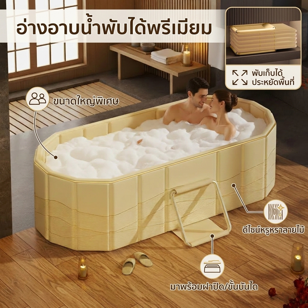 อ่างอาบน้ำผู้ใหญ่พับได้ 1.5m ไม่ต้องติดตั้ง มั่นคงและทนทาน ใช้ในบ้านถังอาบน้ำแบบเต็มตัวสำหรับสองคน