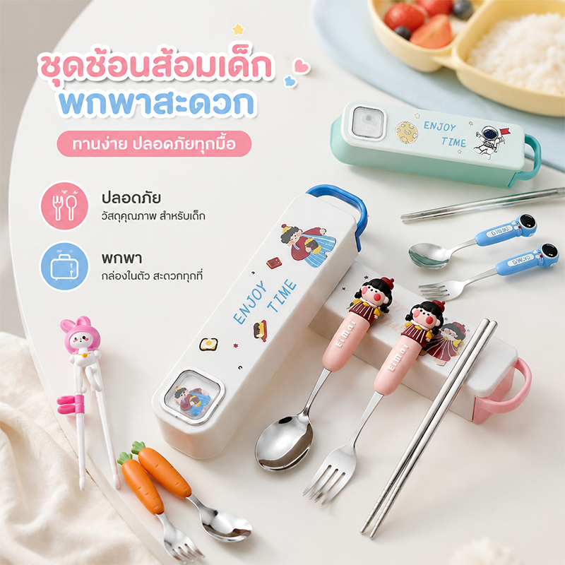 ชุดช้อนส้อมเด็ก 2 ชิ้น รูปแบบการ์ตูนน่ารัก กระต่าย สุนัขจิ้งจอก สแตนเลส 304 พร้อมกล่องพกพาสะดวก