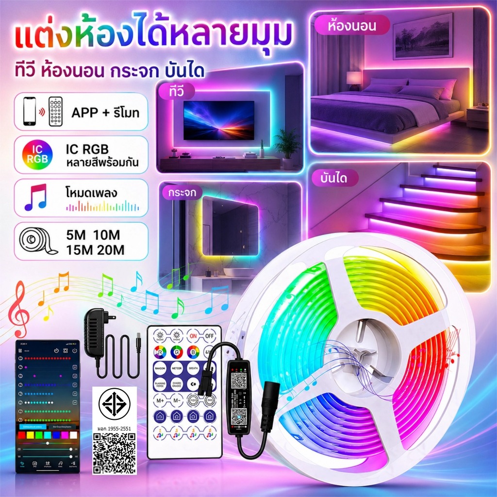 ไฟเส้น RGBIC LED Strip ไฟแต่งห้องนอน หลังทีวี ปรับสีได้ Music Sync รีโมท APP 5M 10M 15M 20M