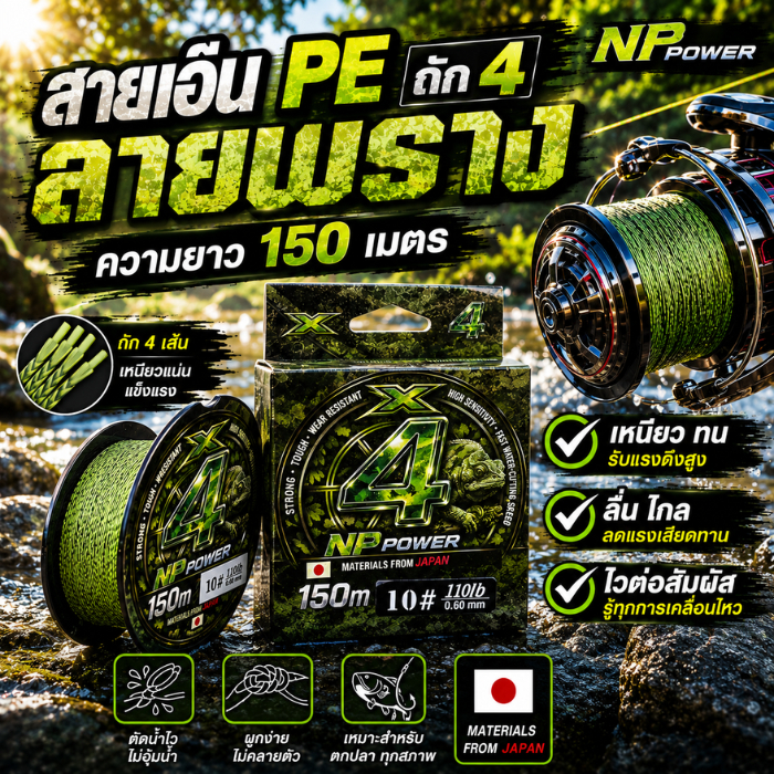สาย PE ถัก4 ลายพราง ยี่ห้อ NP Power ความยาว 150 เมตร  ผลิตจากญี่ปุ่น