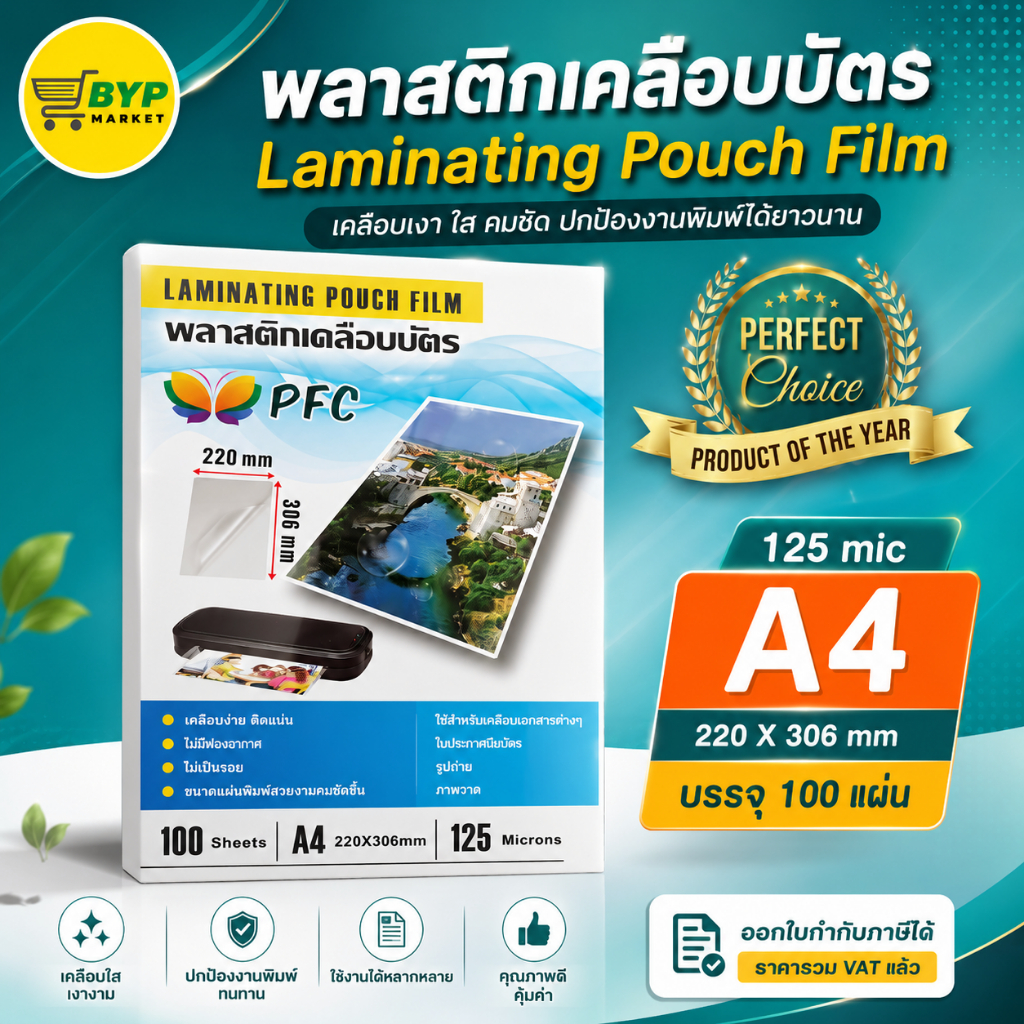 [มีส่งด่วน] แผ่นเคลือบบัตร PFC ขนาด A4 220x306 mm. บรรจุ 100 แผ่น หนา125 mic พลาสติกเคลือบบัตร เคลือบร้อน