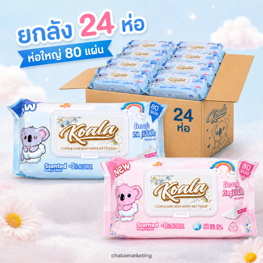Koala ยกลัง 24 ชิ้น ทิชชู่เปียก 80 แผ่น ขนาดใหญ่ สำหรับทำความสะอาด ผิวอ่อนโยน ไม่ระคายเคือง พร้อมฝาเปิด-ปิด สะดวก
