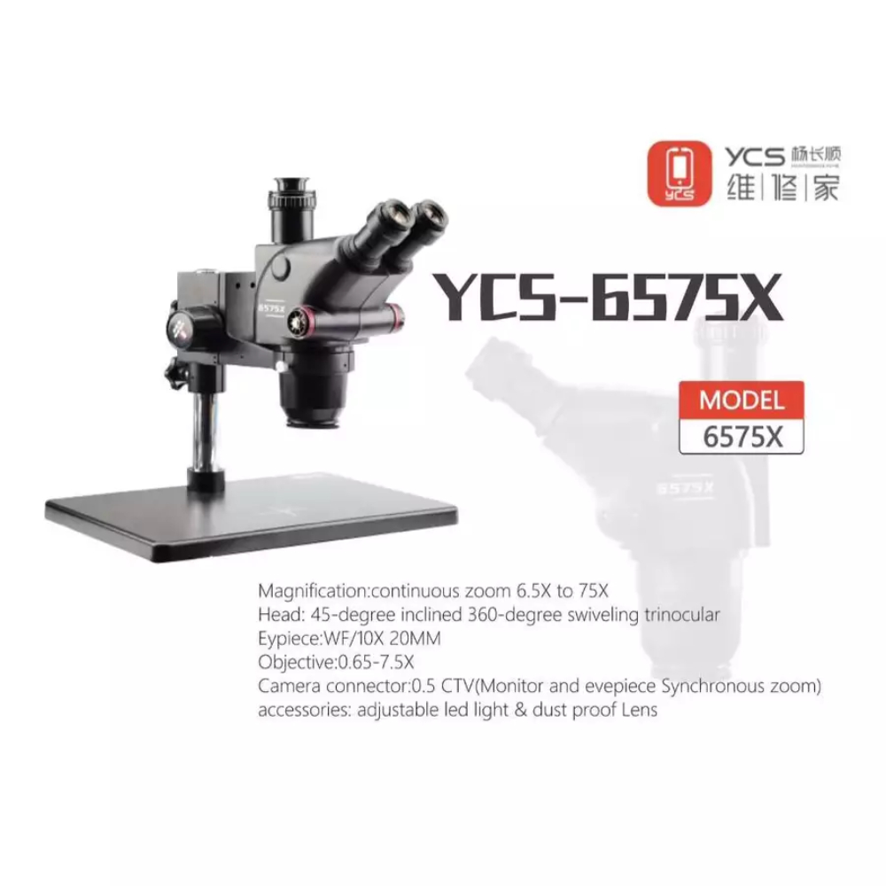 YCS-6575  6.5-75x กล้องจุลทรรศน์ Trinocular สําหรับเมนบอร์ดโทรศัพท์มือถือบัดกรีซ่อมกล้องจุลทรรศน์