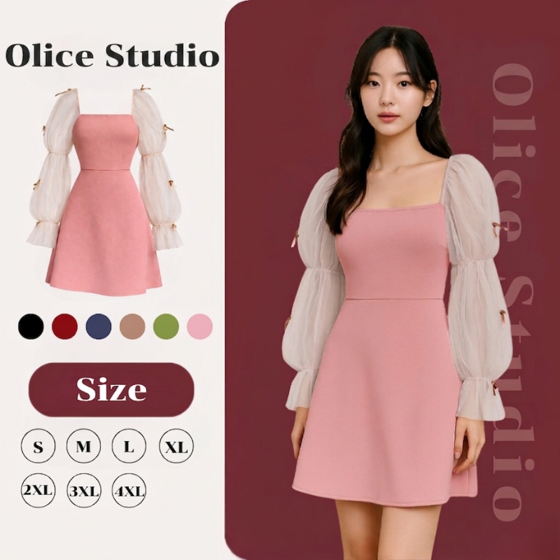 [S-4XL] ชุดเดรสผู้หญิง เดรส Dress มินิเดรส ตกแต่งโบว์ น่ารัก ผ้ายืดหยุ่น เหมาะสำหรับสาวอวบ พลัสไซซ์ เดรสสาวอวบ