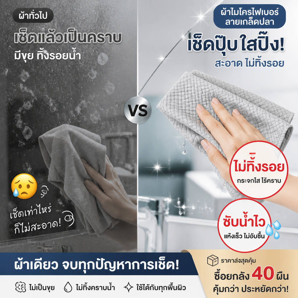 【ชุดสุดคุ้ม: 40 ชิ้น】ผ้าขนหนูเกล็ดปลา ผ้าเช็ดกระจก ไม่ทิ้งคราบน้ำ ซับน้ำแรง เช็ดทีเดียวสะอาด จัดคราบมัน เช็ดกระจกรถยนต์