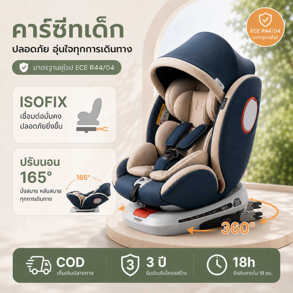 Beige คาร์ซีทเด็ก ISOFIX+lacth คาร์ซีท 360°หมุนได้  มีหลังคา ปลอดภัย บุฟองน้ำ เหมาะเด็ก0-12ปี