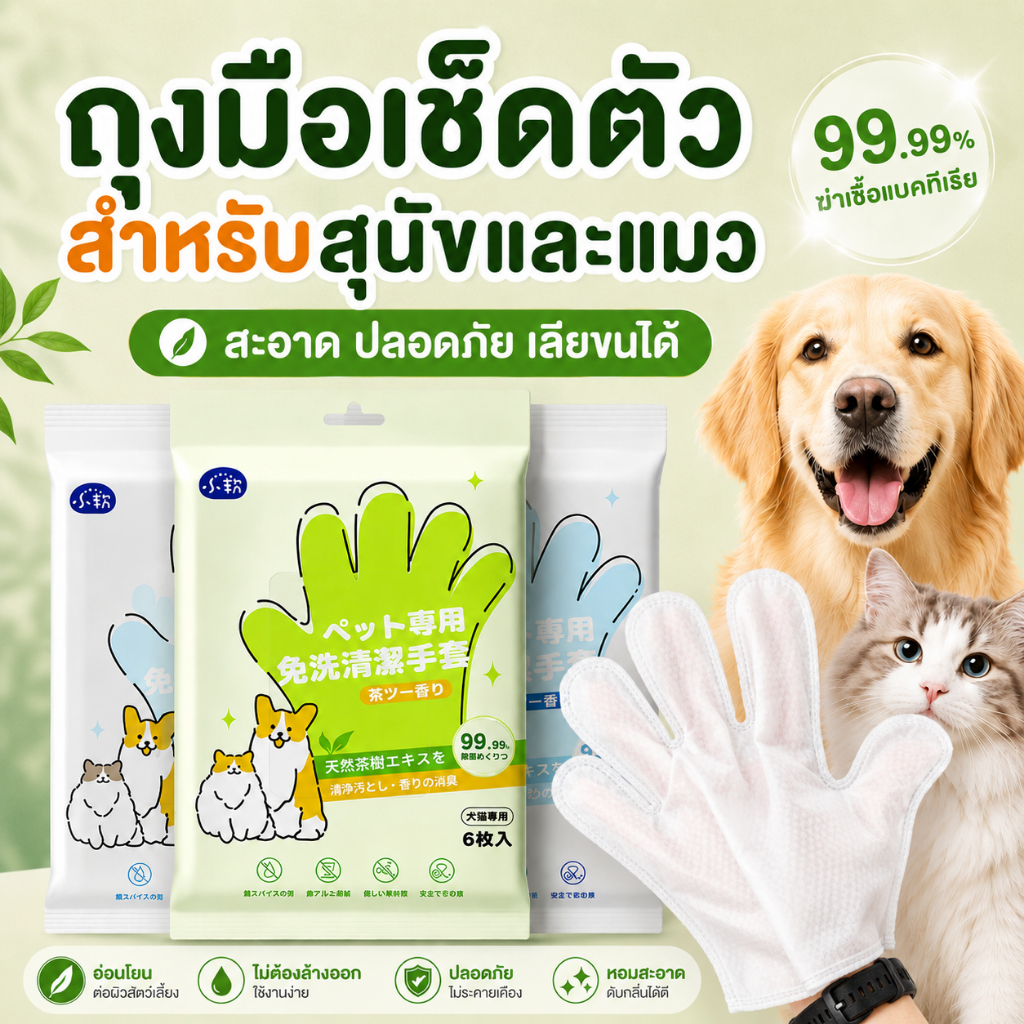 ถุงมืออาบน้ำแมว ผ้าเปียกสุนัข หมา ทิชชู่เปียก ทำความสะอาดง่าย ขจัดกลิ่น ลดแบคทีเรีย (6 ชิ้น/ห่อ)