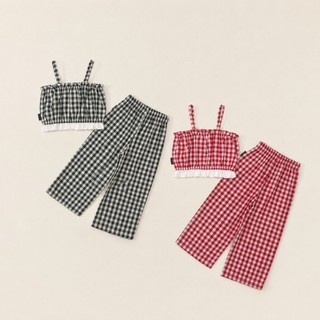Hania kids พร้อมส่ง ชุดเซ็ตเสื้อสายเดี่ยวพร้อมกางเกงลายสก็อต ผ้านิ่ม ชุดเซ็ต2ชิ้น K5125574