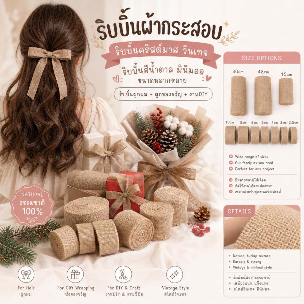 1 ม้วน【5เมตร】และ 【10เมตร】* ริบบิ้นผ้ากระสอบ ริบบิ้นคริสต์มาส วินเทจ ริบบิ้นสีน้ำตาล มินิมอล ขนาดหลากหลาย [RBR-0043-5Y]