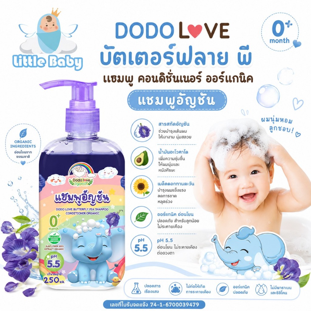ส่งด่วน DoDolove บัตเตอร์ฟลาย พี แชมพู อัญชัน คอนดิชั่นเนอร์ แชมพูเด็ก 2 in 1 ยาสระผม สูตรอ่อนโยน ออร์แกนิก ยาสระผมเด็ก