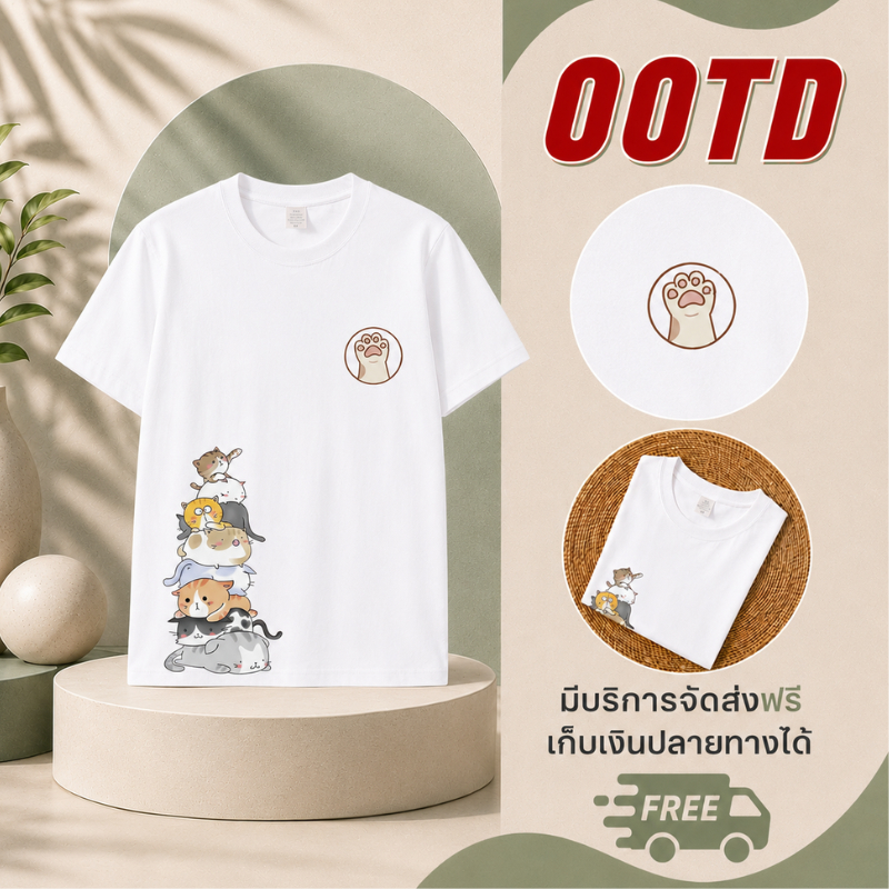 เสื้อยืด คอกลม แขนสั้น M-3XL สกรีนลายแมว หน้า-หน้า ผ้าคอตตอนผสม ใส่ได้ทั้งชายและหญิง 038-tt-174#