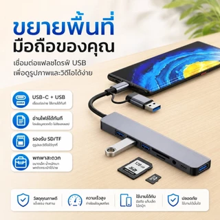 [ส่งไวจากไทย] 8 in 1 อะแดปเตอร์ฮับ USB+Type C HUB USB C เป็น USB 3.0 การ์ดรีดเดอร์ SD TF pd HUB 3.5 มม. สำหรับโทรศัพท์ม