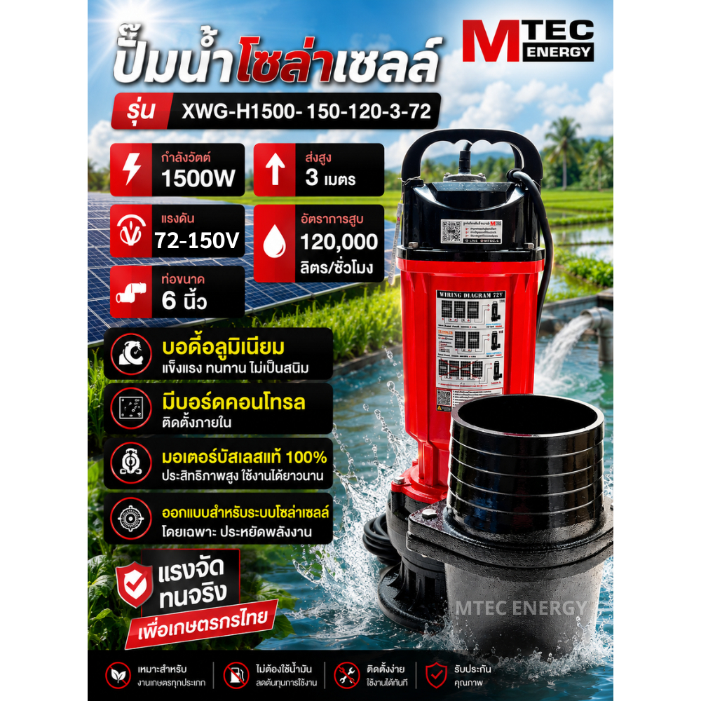 ปั๊มจุ่มไดโว่ โซล่าเซลล์ รุ่น XWG-H1500-150-120-3-72 1500W 72V ท่อสำหรับสวมสายยาง ขนาด 6 นิ้ว ต่อใช้งานได้ทั้งแบตเตอรี่