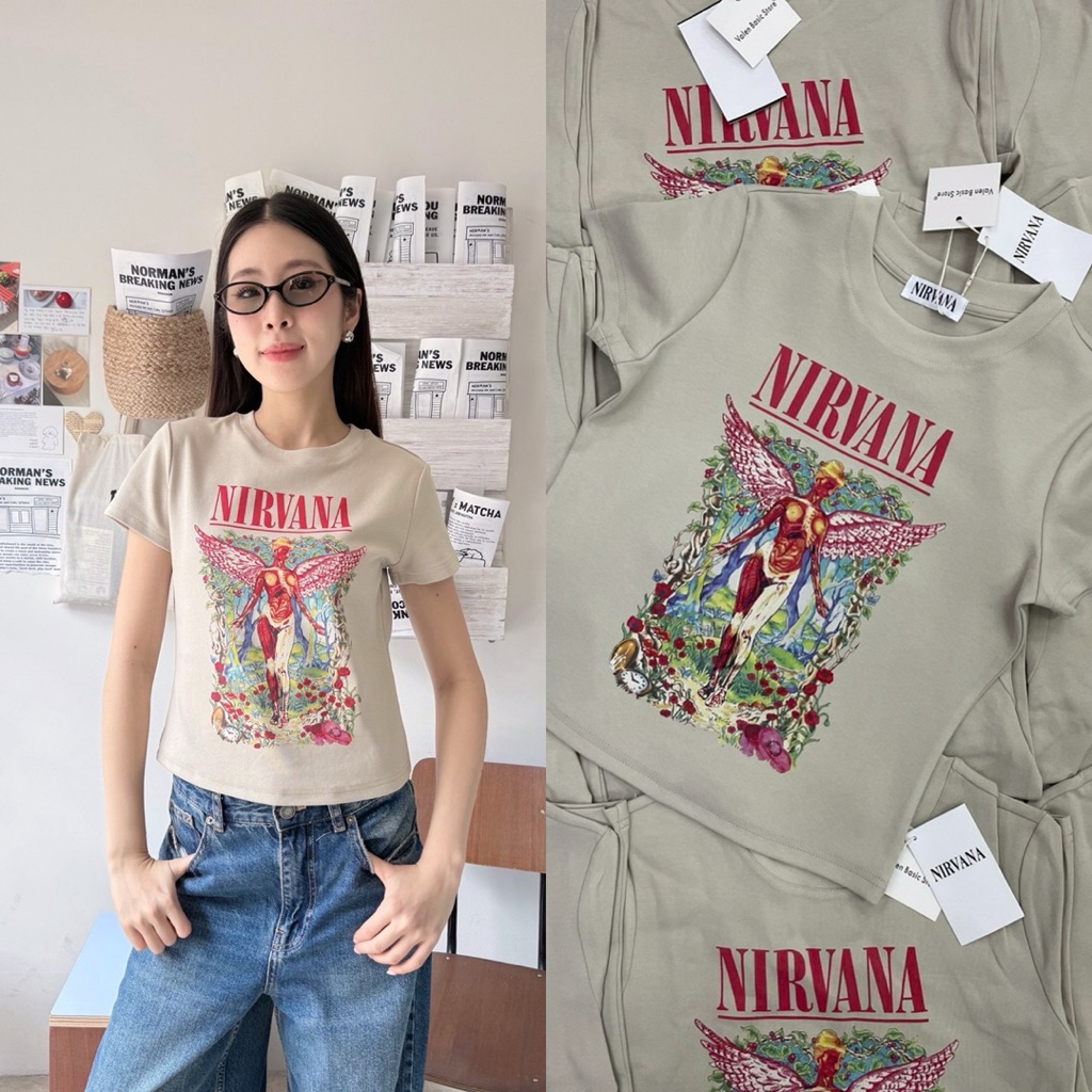 Nirvana baby tee เสื้อยืดคอกลมแขนสั้นทรงเบบี้ที แบรนด์ดัง ผ้ายืดหยุ่น