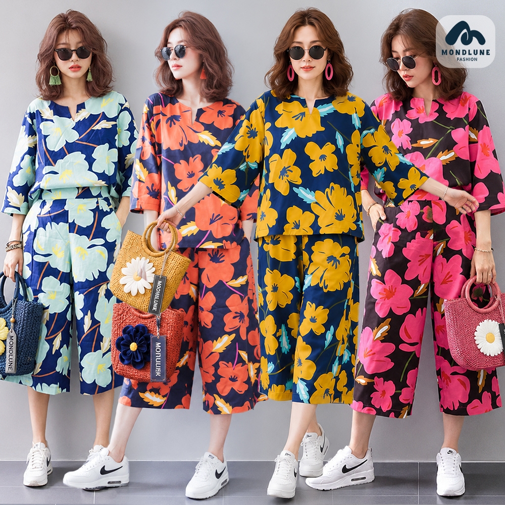 #2872 MondLune ชุดเซท2ชิ้น เสื้อคอวีเล็ก แขนสามส่วน กางเกงขาสามส่วนขาตรง ปลายขากว้าง ผ้าคอตต้อนญี่ปุ่น