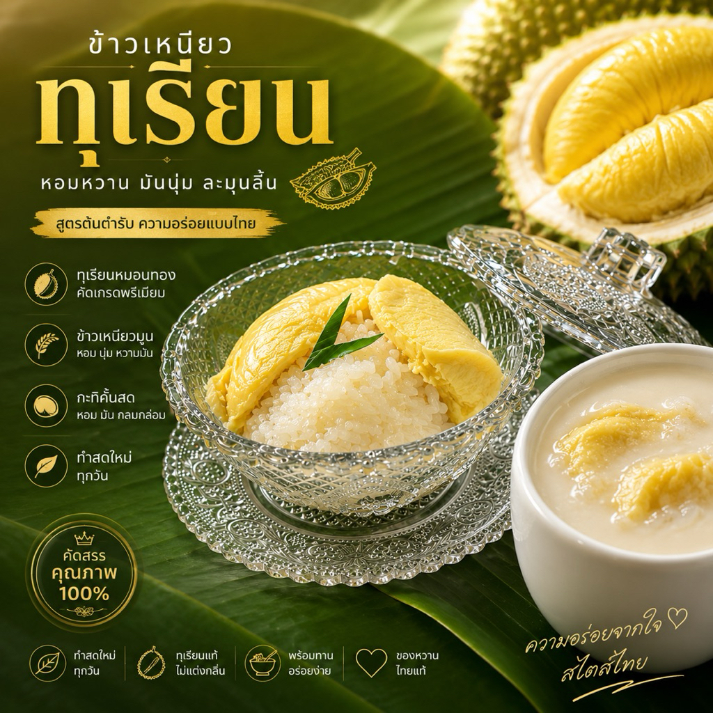 ข้าวเหนียวทุเรียนหมอนทองสูตรพรีเมียม ✨ คัดสรรทุเรียนหมอนทองเนื้อแน่น หอมหวานละมุน สูตรต้นตำรับไทยแท้