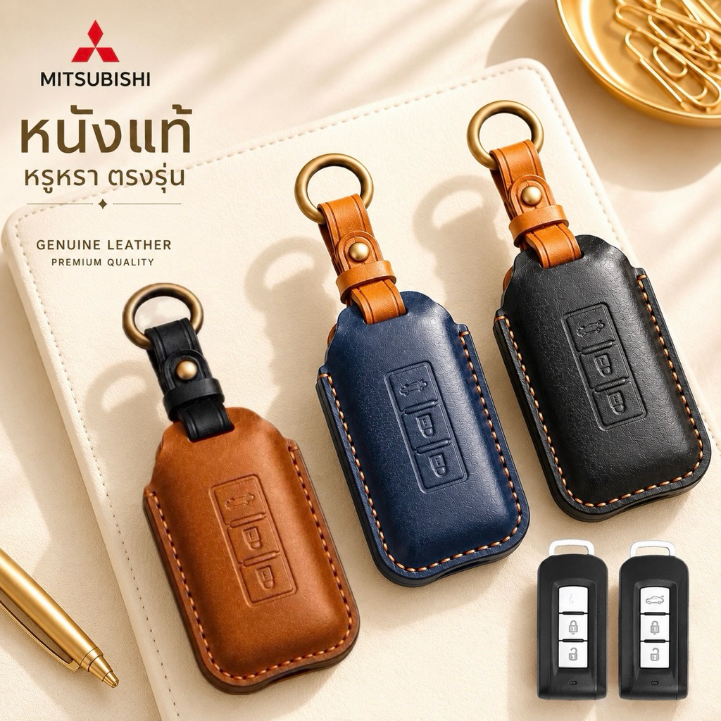 ซองหนังแท้ ใส่กุญแจรีโมทรถยนต์ รุ่นหนังกลับ Mitsubishi Mirage,Attrage,Triton,Pajero,Expander Smart Key 2,3 ปุ่ม