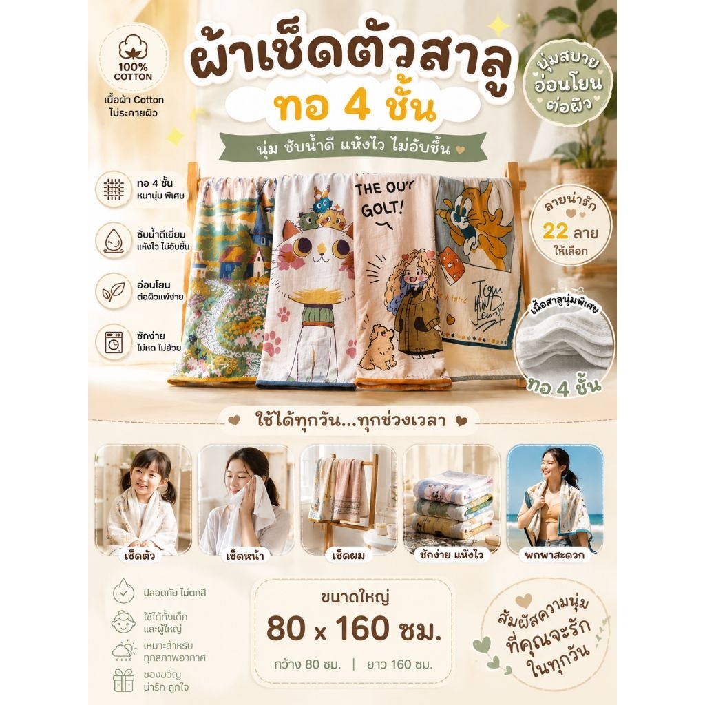 🌈ผ้าเช็ดตัวสาลู ออแกร์นิค ทอ 4 ชั้น(ขนาดจัมโบ้)
