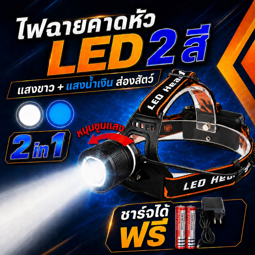 ไฟฉายคาดหัว 2 สี แสงขาว+แสงน้ำเงิน ไฟฉายซูมได้ Dual Light หลอด LED T6 พิเศษหลอดคู่ ฟรีอุปกรณ์ชาร์จ