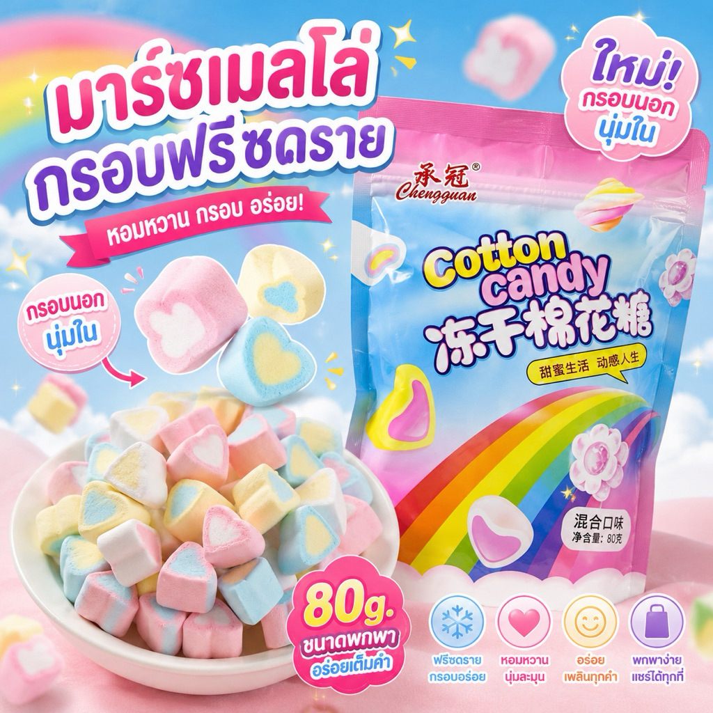 มาชเมลโลกรอบฟรีซดราย (ห่อชมพู) 80g.