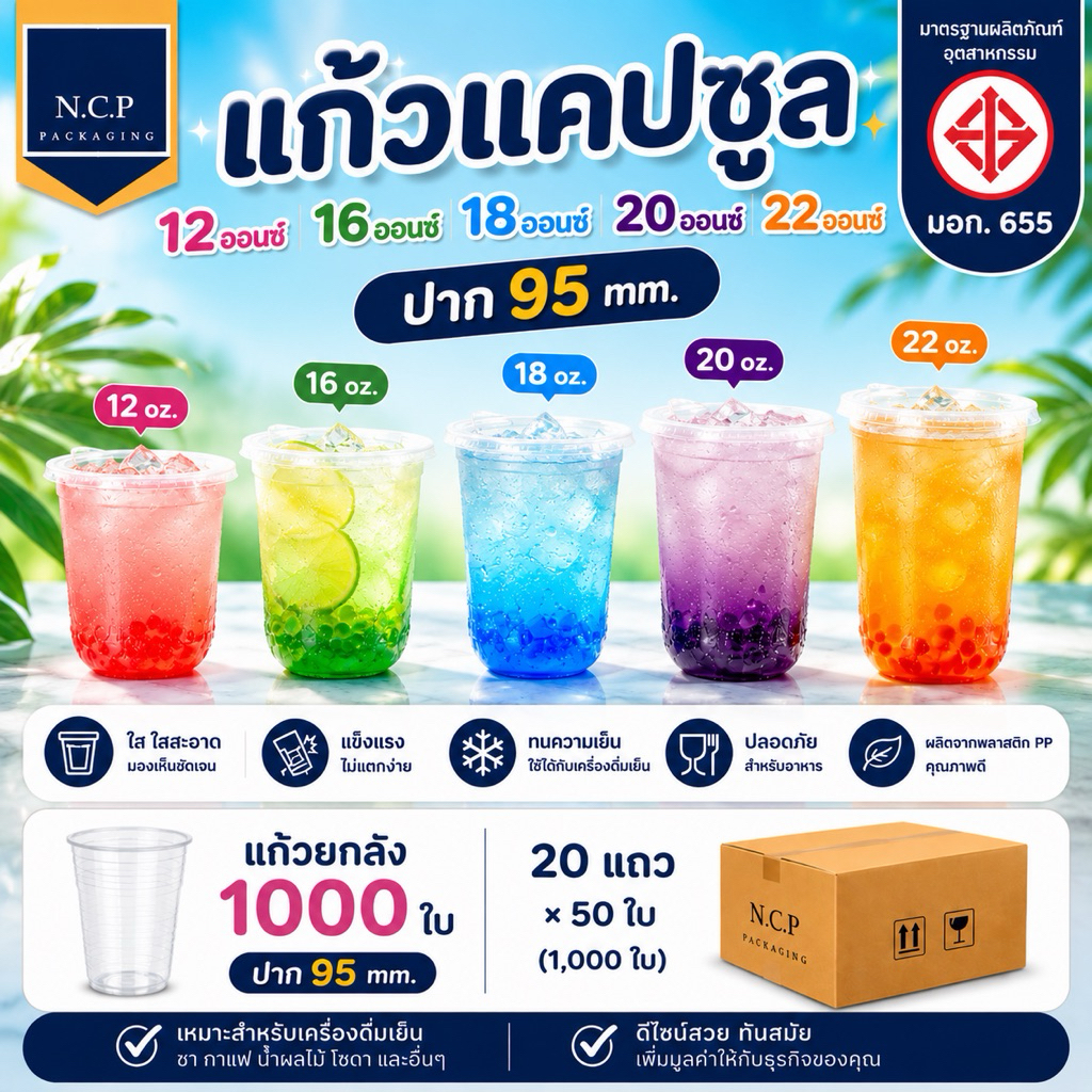 เเก้วเเคปซูลปาก95 12oz 16oz 18oz 20oz 22oz ยกลัง1000ใบ