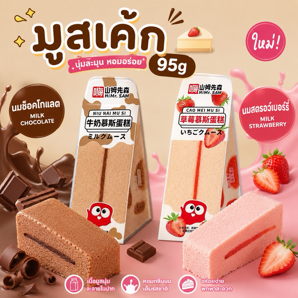มูสเค้ก นมช็อคโกเเลต นมสตรอว์เบอร์รี่  95g.