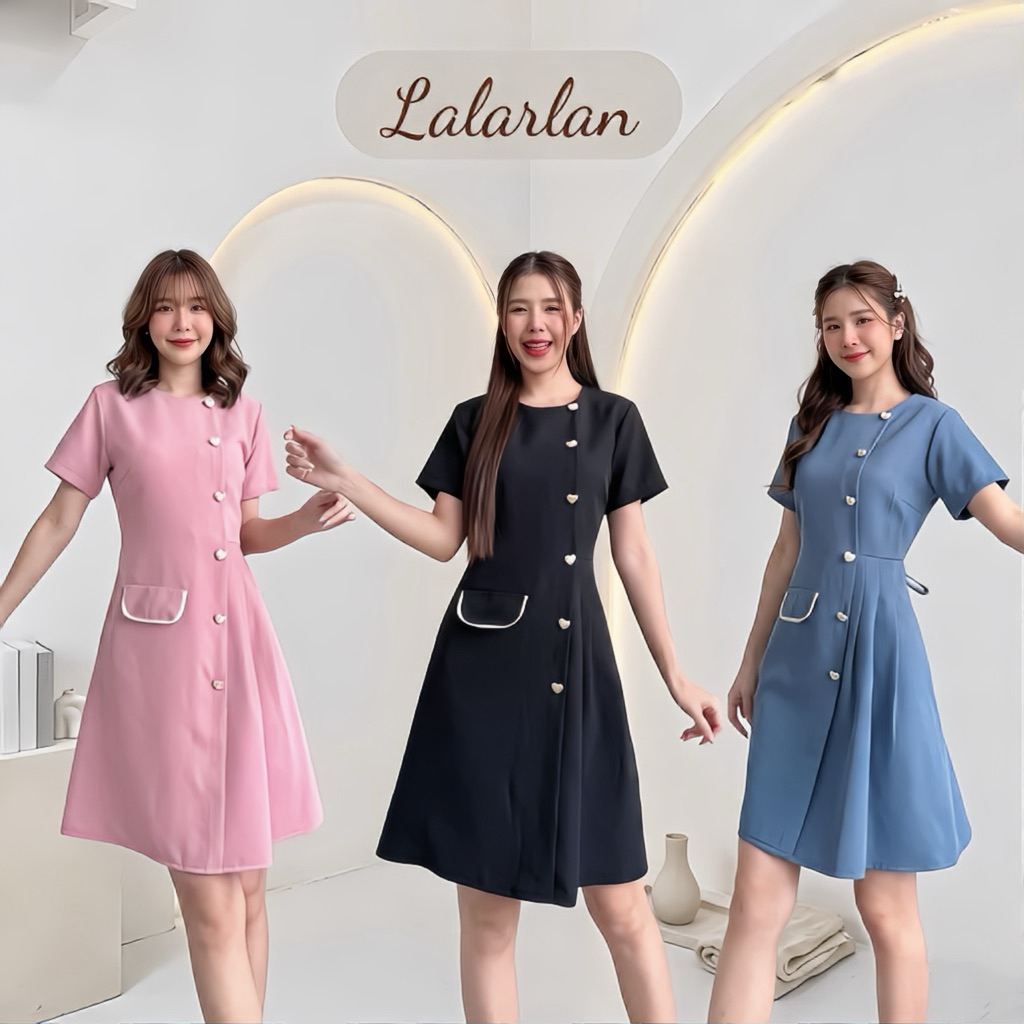 ชุดเดรสสีดำc90 BUTTON HEART Dress เดรสแขนสั้นติดกระดุมหัวใจ