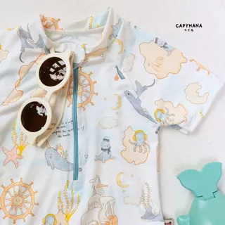 CAPYHANA ชุดว่ายน้ำเด็กทารก Summer ชุดเที่ยวทะเล ชุดว่ายน้ำเด็กลายทะเล พร้อมหมวก (ชุดว่ายน้ำทะเล)