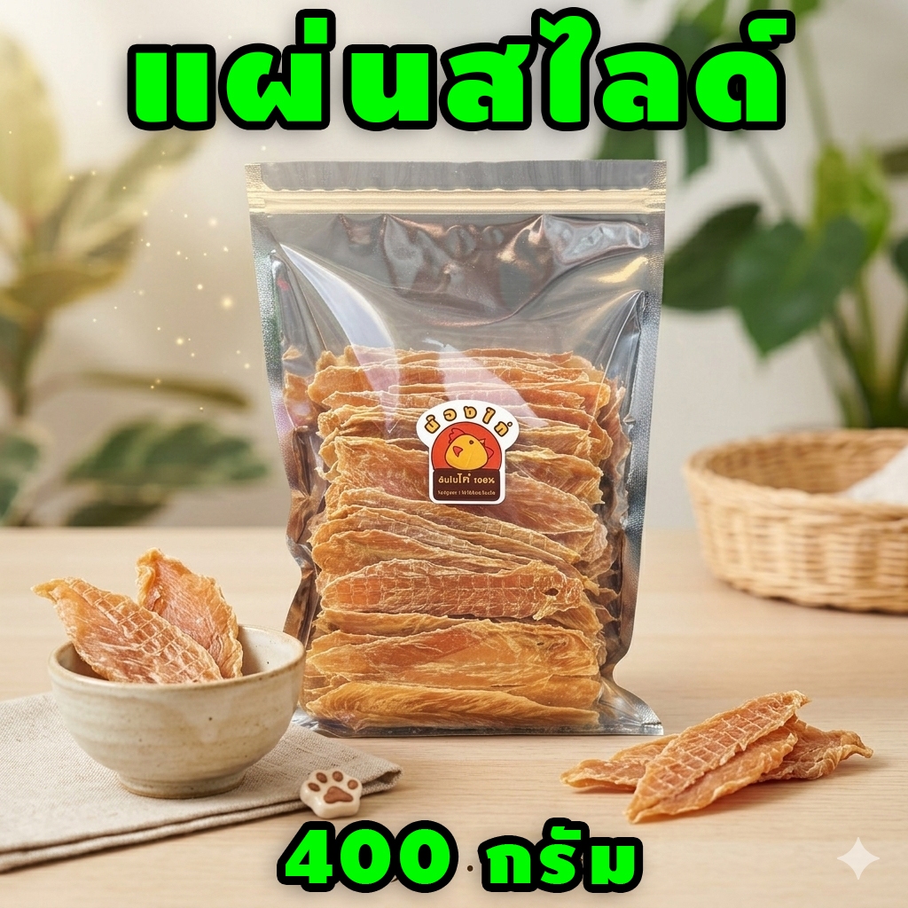 สันในไก่อบแห้ง ( สไลด์ ) ขนาด 400 กรัม By Nongkai (ขนมสุนัข , ขนมแมว)