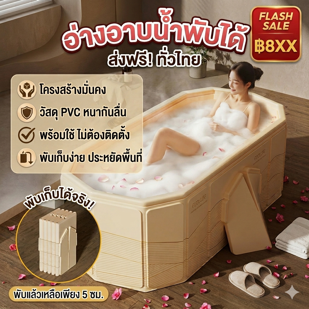อ่างอาบน้ำพับได้ ไม่ต้องสูบลมPVC 1.2 / 1.5 เมตร รูปร่างยาว ทำให้หนาขึ้น ทนทาน การเก็บรักษาความร้อน อ่างล้างหน้าแบบพกพา