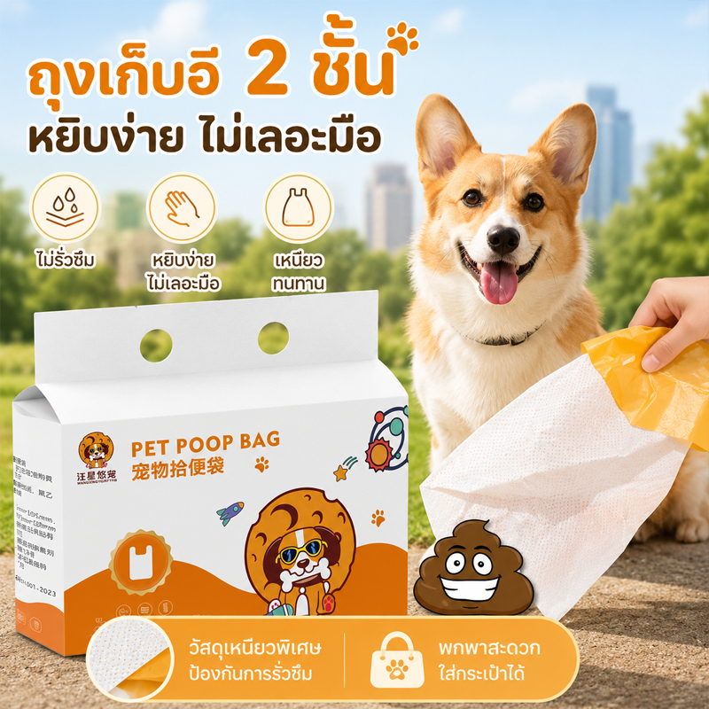ถุงขยะสุนัข ถุงเก็บอึ 2ชั้น ถังขยะสุนัขเดิน มีทิชชู่ในตัว ไร้กลิ่น สามารถกดชักโครกได้ ย่อยสลายได้