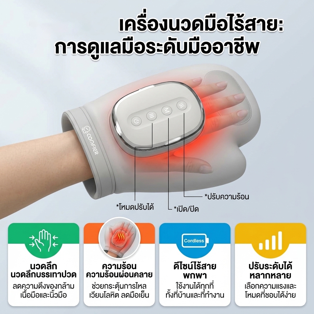 เครื่องนวดมือไฟฟ้าไร้สาย พร้อมความร้อนและแรงสั่น นวดนิ้วลดปวดข้ออักเสบ พกพาง่าย