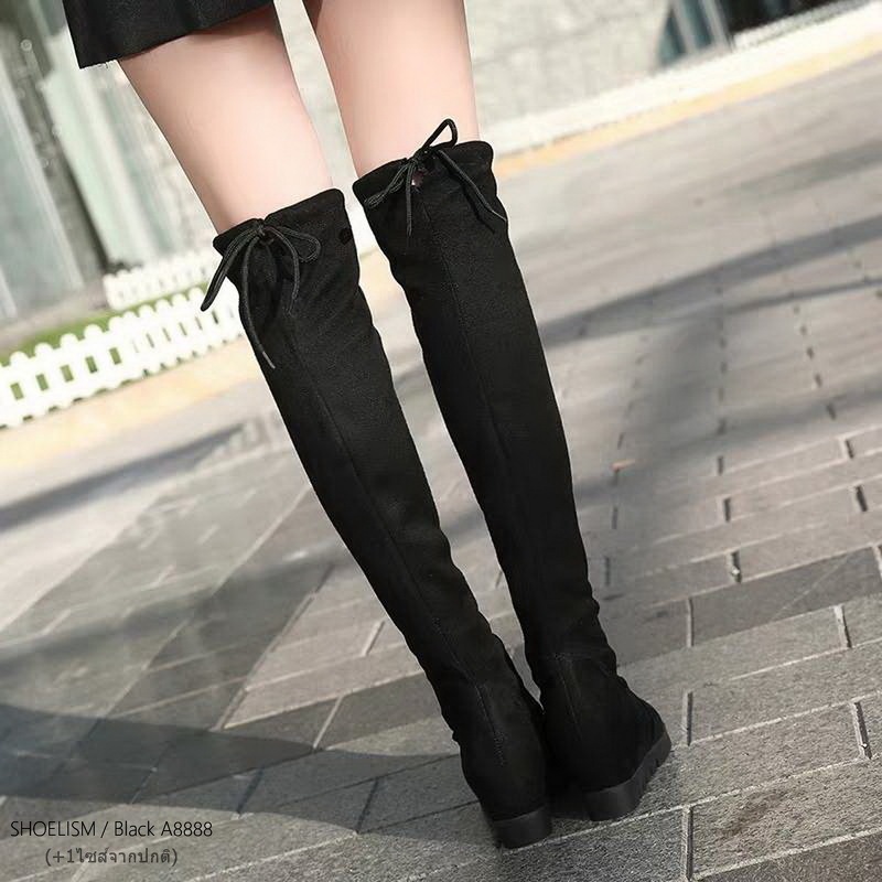 A8888 รองเท้าบูทยาวดำ ผ้ายืดแต่งแถบปลาย เหมือนใส่ถุงเท้า