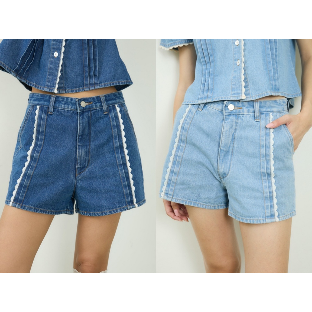 Sis story กางเกงยีนส์ ขาสั้น แต่งลูกไม้ เอวกลาง Sis 053 Barbie lace denim shorts - Blue/Dark blue