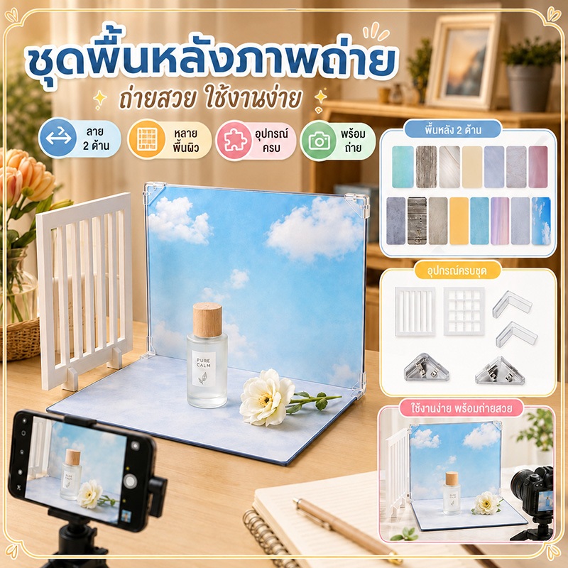 ชุดเซ็ตฉากพับพกพา A3 สำหรับถ่ายสินค้า เปลี่ยนภาพพื้นหลังได้ 7 แบบ พร้อมฉากหน้าต่างจำลองแสงเงา