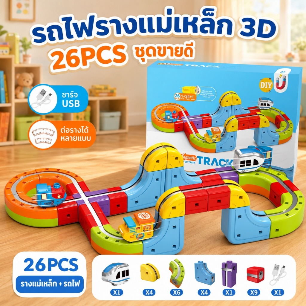 KiKi รถไฟรางแม่เหล็ก 3D DIY ชาร์จ USB ต่อรางได้หลายแบบ ของเล่นเสริมพัฒนาการเด็ก STEM ของขวัญเด็ก