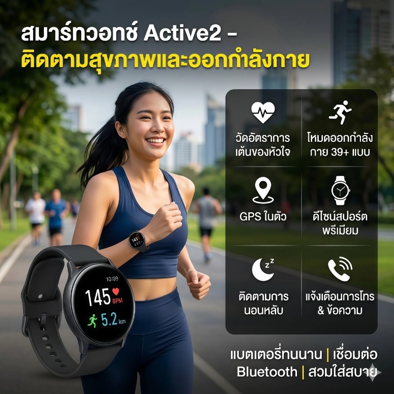 Smart Watch สมาร์ทวอทช์ Active 2 มีคุณสมบัติในการตรวจสอบอัตราการเต้นของหัวใจ การโทรผ่านบลูทูธ และการแจ้งเตือนข้อความ